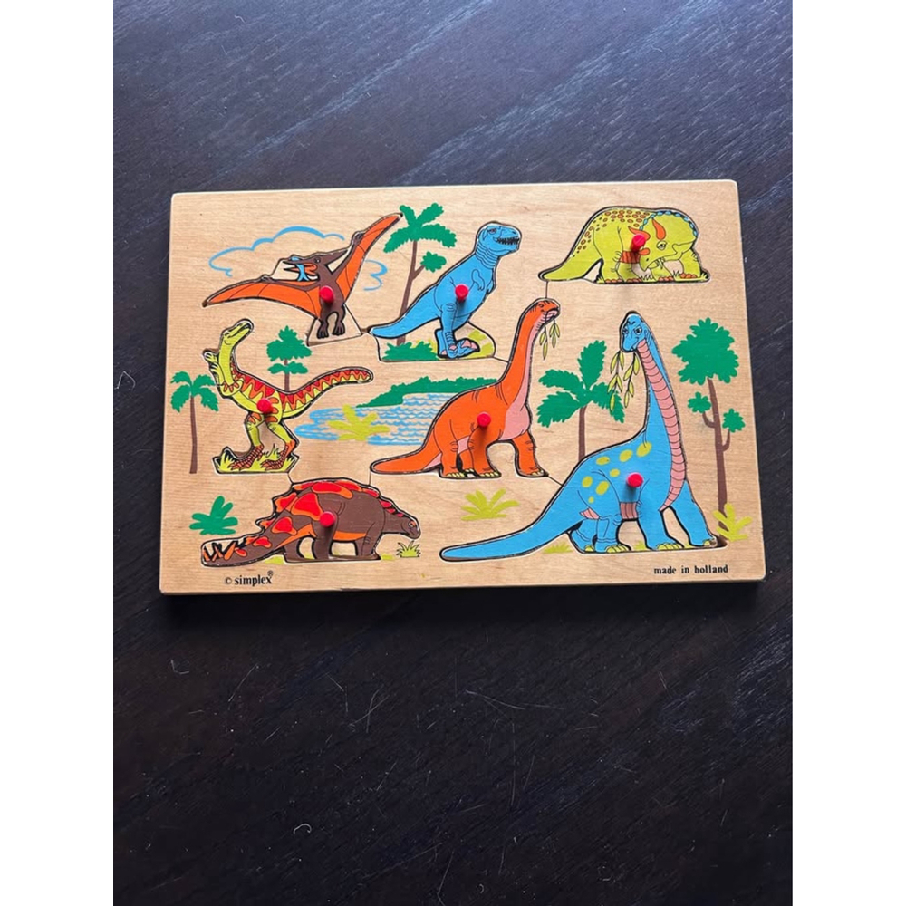 Vintage Simplex Wooden Dinosaur Peg Puzzle – 7 Pieces – Made in Holland